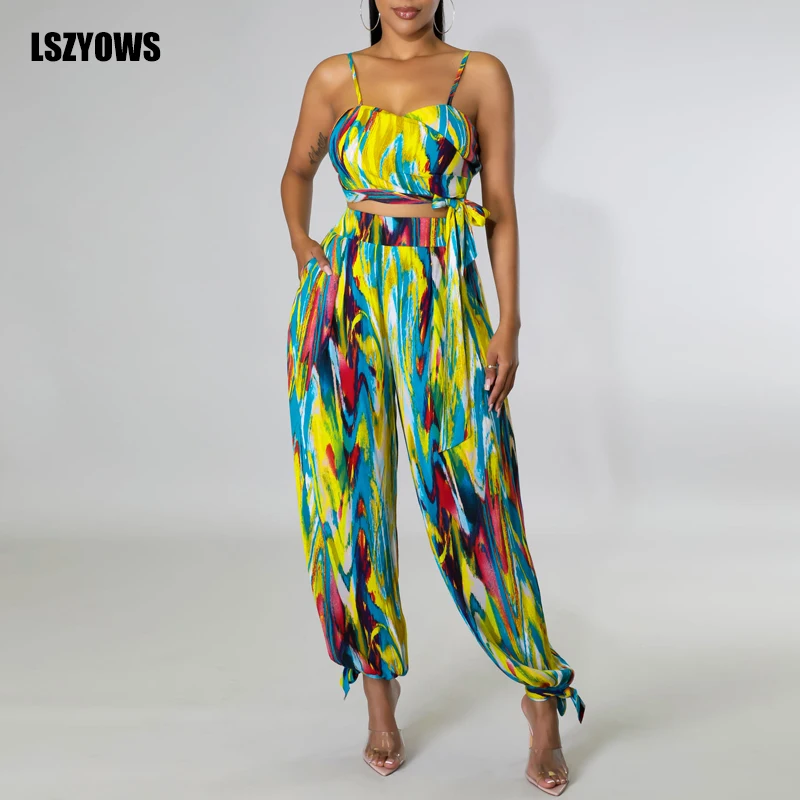 

Summer Two Piece Set Women Boho Print Beach Party Outfits Strap Sleeveless Lace Up Crop Top High Waist Pants Casual Suits Female