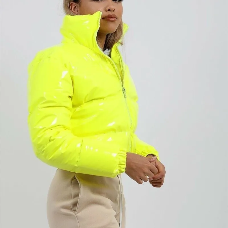 Осень-зима женские яркие куртки-пуховики из искусственной кожи теплое