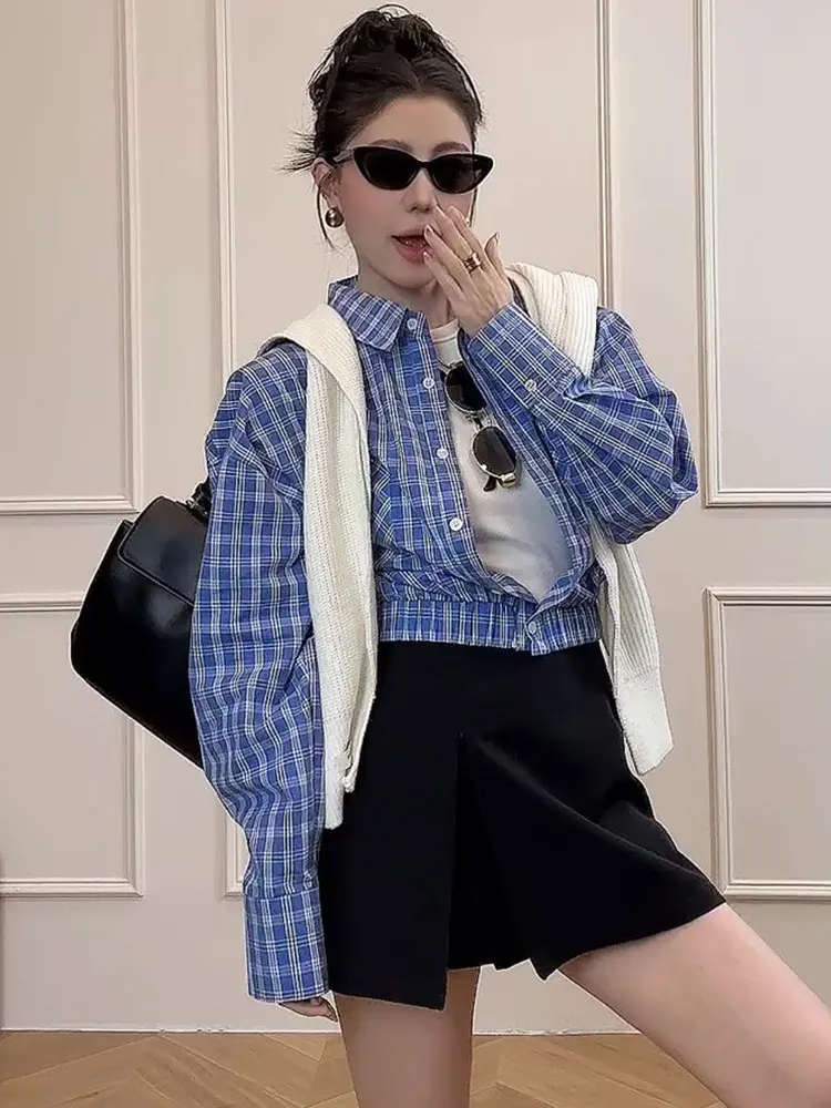 Polo Collar Plaid Shirts Women 2024 New Popular Autumn Waist Hugging Slimming High Sense Unique Chic Small Top