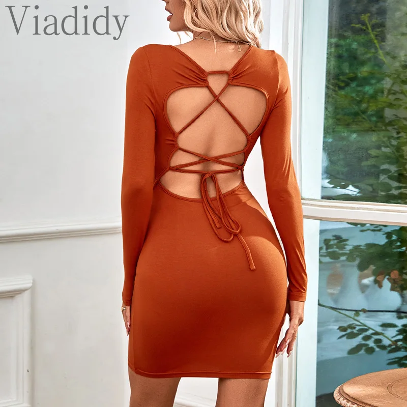 

Women Sexy Solid Color Long Sleeve Square Neck Backless Lace-up Mini Dress