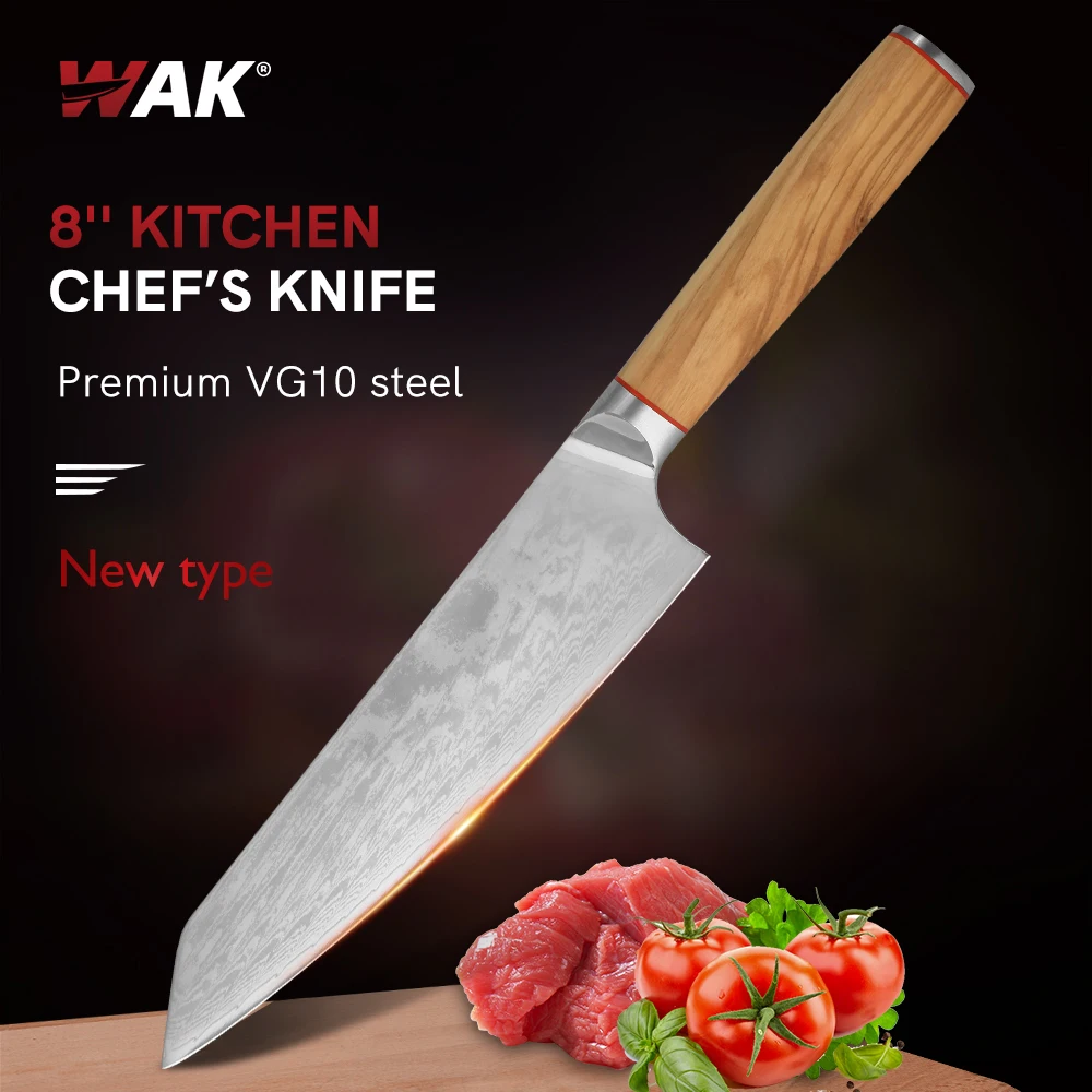 

WAK Professional VG10 Damascus Steel Kitchen Kiritsuke Knife Sharply 8Inch Japanese Chef Knife With Natural Olive Wood Handle