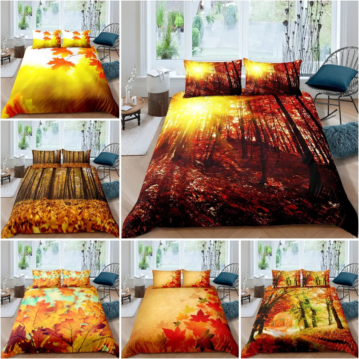 

Autumn Duvet Cover Set Fallen Leaves Red Maple Leaf Nature Bedding Set Bright Sunshine Tree Woods Natural King Size Quilt Cover