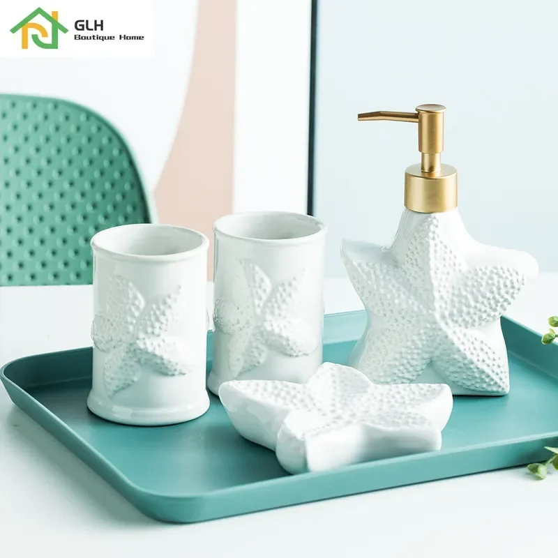 

Nordic Ocean Series Bathroom Toiletry Set Ceremics Four-piece Bathroom Supplies Wash Cup Model Room Simple Decoration