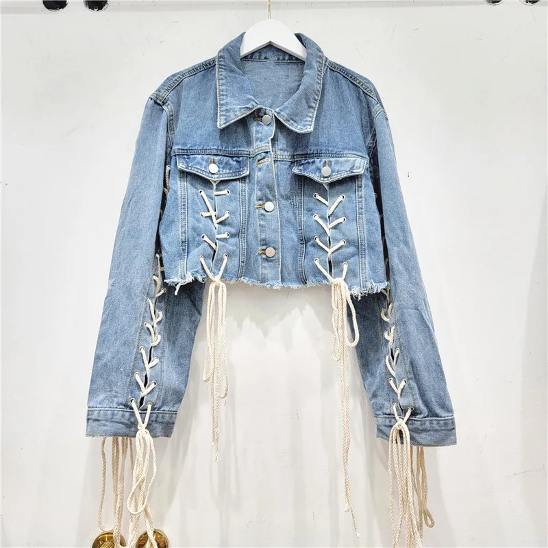 

2023 Autumn New Streetwear Hollow Out Strap Tassel Denim Jacket Long Sleeve Coat for Women High Waist Short Cowboy Jackets Top