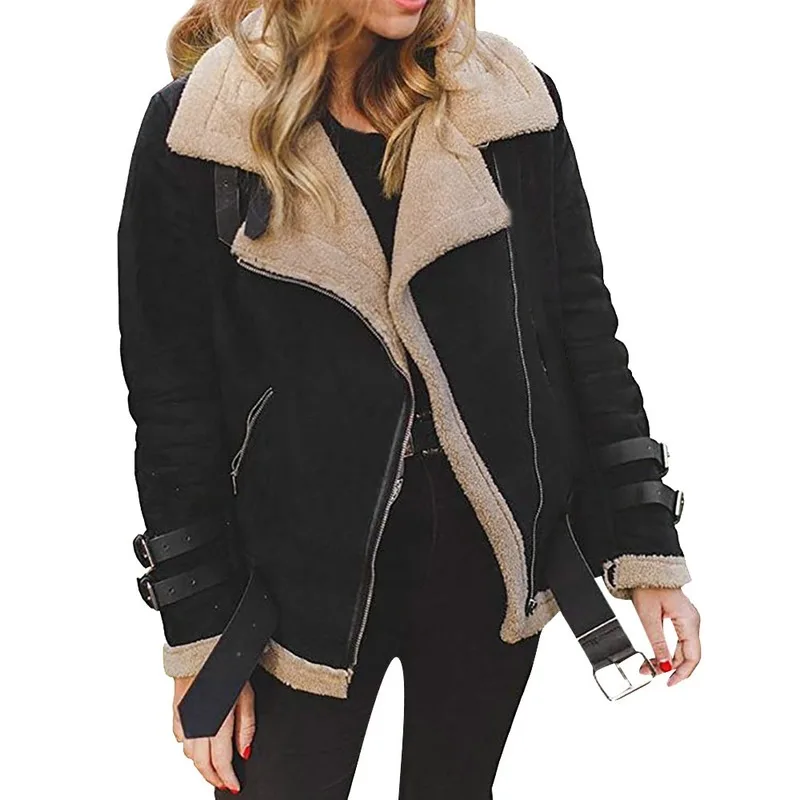 2023 New Autumn and Winter Women Suede Long Sleeve Leather Jacket Casual Thick Warm Soild Color Lamb Wool Ladies Loose Jacket