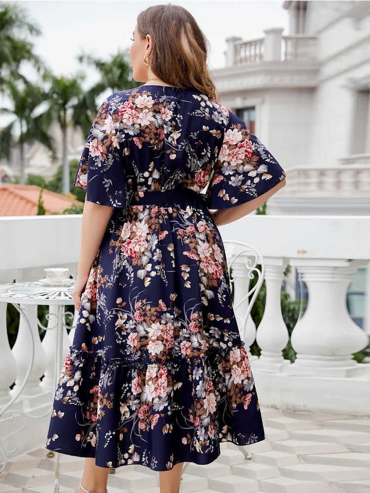 Summer V-neck navy blue print plus size dress plus size women clothing  party dresses  summer dress