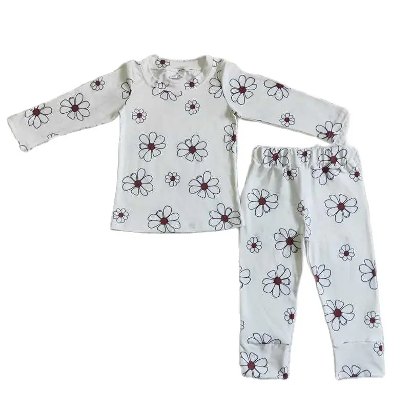 

GLP0196 новая одежда для девочек молочный шелк для девочек белый цветок брюки с длинным рукавом костюм Детская зимняя Пижама наряды бутик RTS