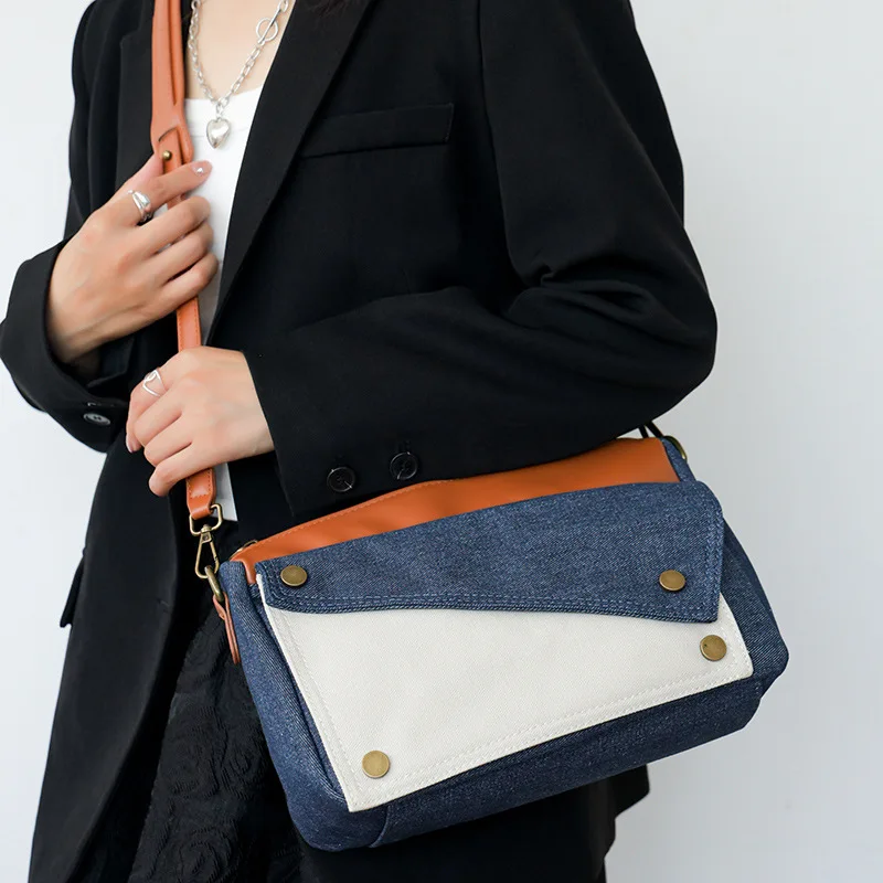 Contrast Color Fashion Women Crossbody Bags Denim Leather Splice Single Shoulder Messenger Bag Commuting Tote Satchel Versatile