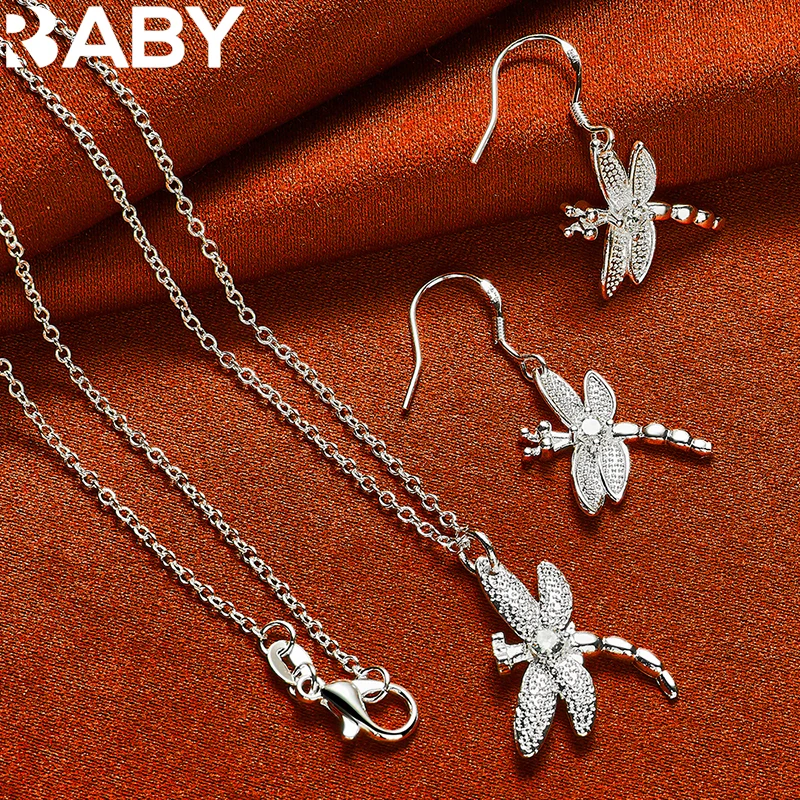 

925 Sterling Silver Charms Zircon Dragonfly Pendant Necklace Earrings For Women Jewelry Set Fashion Party Wedding Accessories