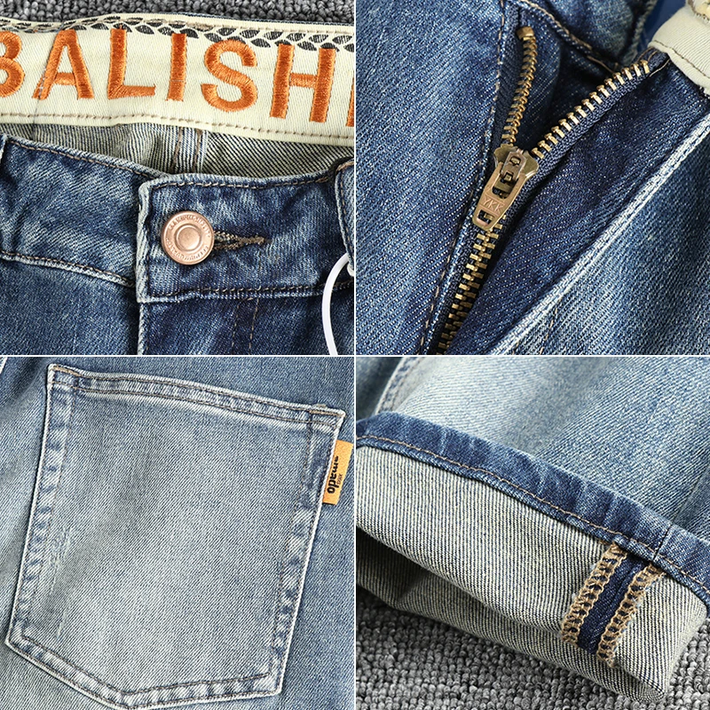 Мужские джинсы с вышивкой голубые потертые для мужчин весна 2024 модные облегающие