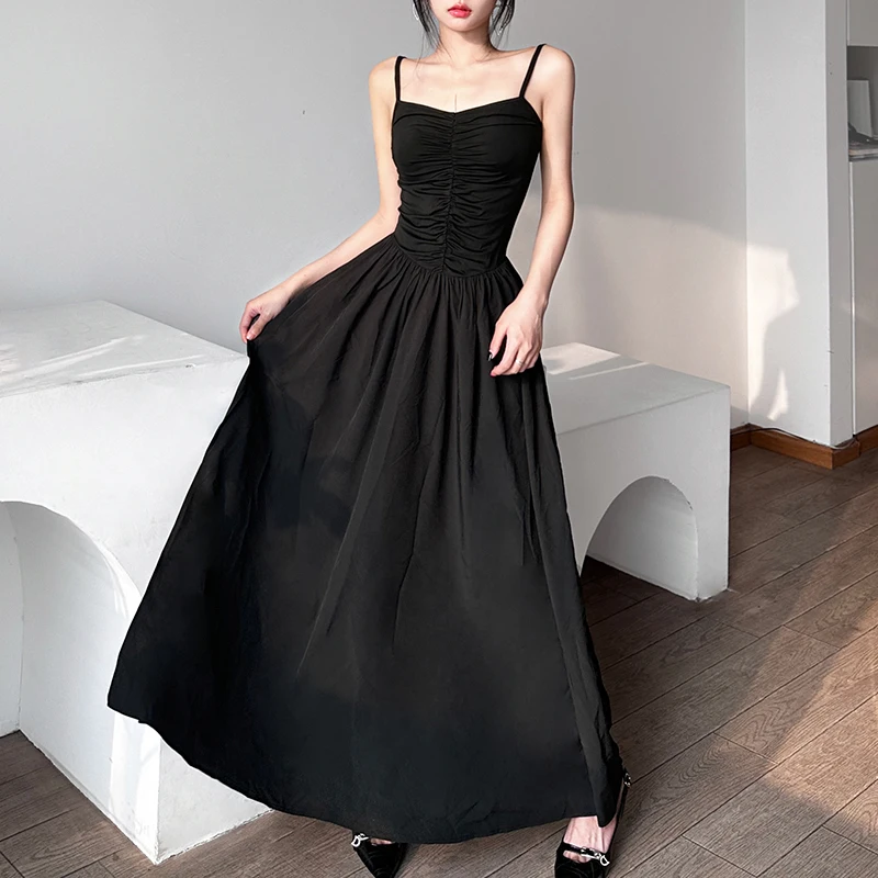 

Женское плиссированное платье-трапеция, однотонное Длинное Элегантное винтажное платье с высокой талией и разрезом, подходящее ко всему, лето 2023