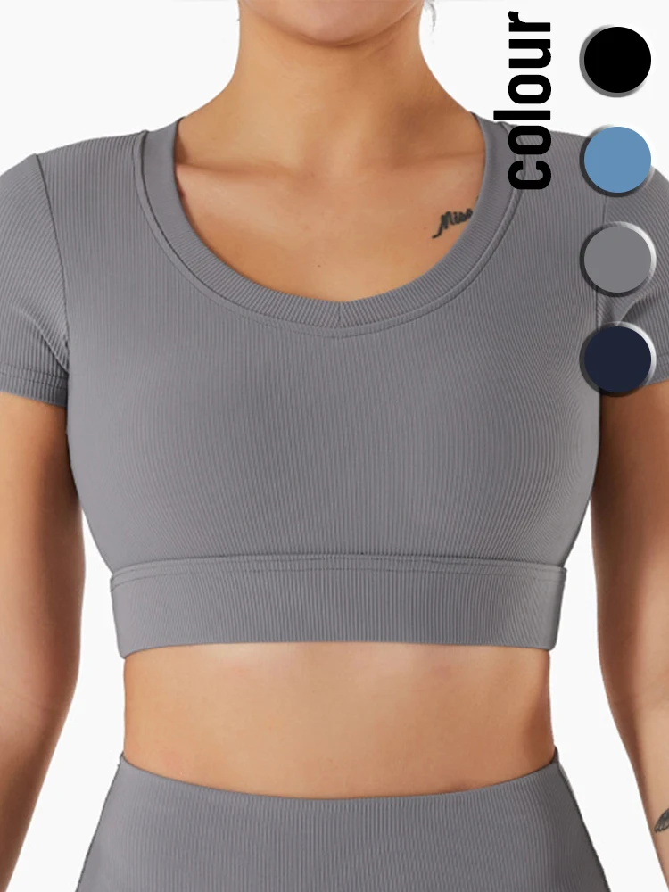 

ATHVOTAR Women Sports Crop Top Solid Short Yoga Shirt Cycling Running Outdoor Workout Top Brethable Quick Drying Sportswear