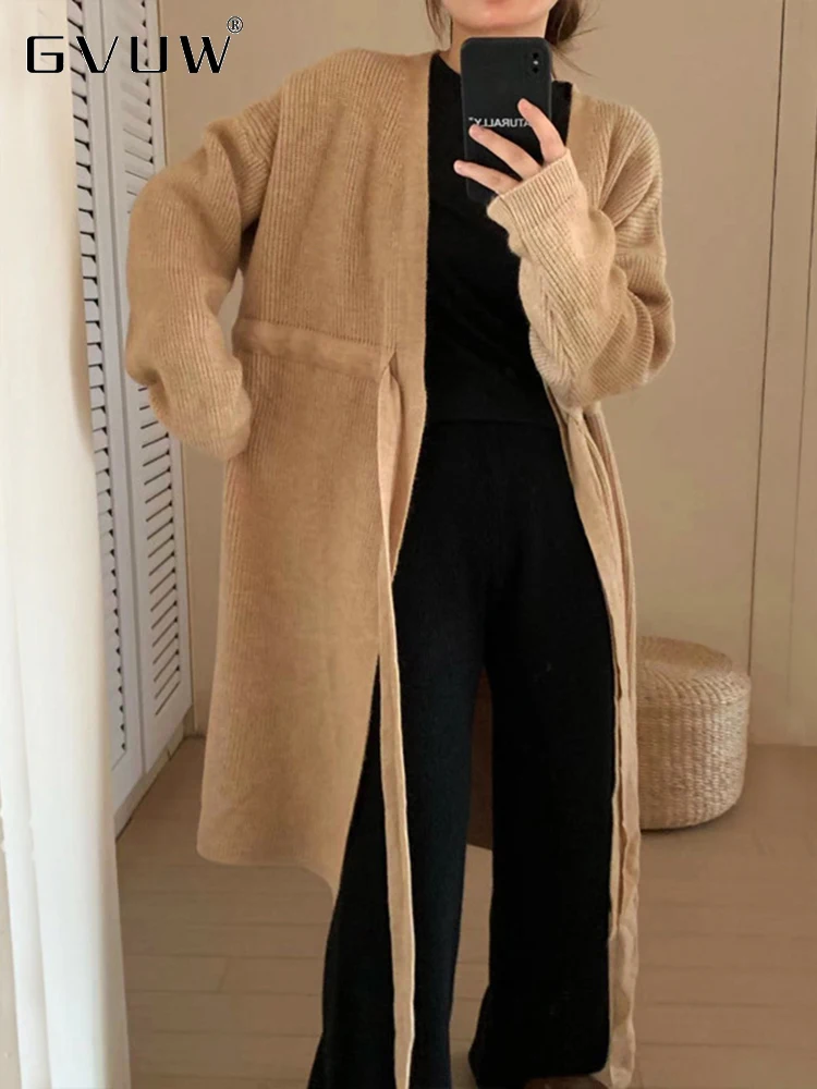 

GVUW Loose Mid Length Sweater Coat For Women 2023 Autumn New Solid Color Belt Long Sleeve Soft Knitted Cardigan Female 17G2450