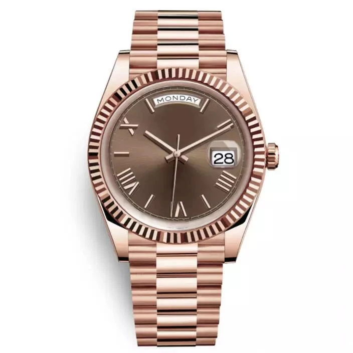 

New Mens Mechanical Watch Automatic Daydate Rose Gold Coffee Rome Dial Blue Green Sapphire