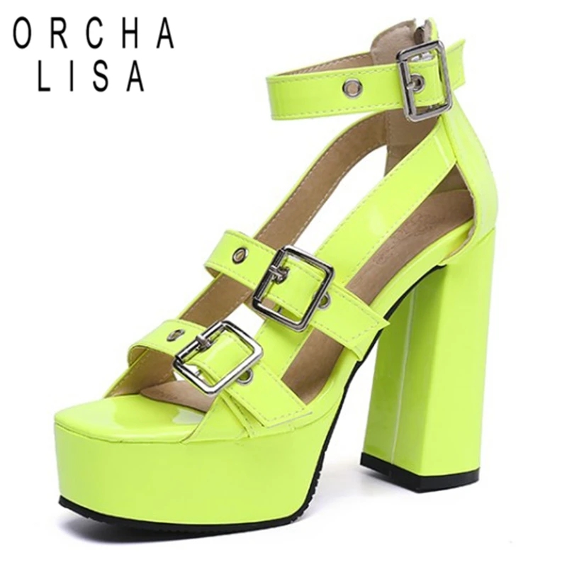 

ORCHALISA Women's Sandals Platform Buckle Strap Zipper Solid Open Toe High Blcok Heels Plus Size 35-46 Green Summer Party S3059
