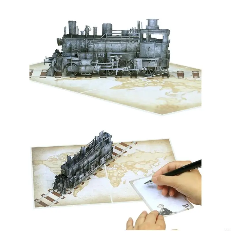 N58C паровоз 3D всплывающая открытка на день рождения ручной работы с конвертом