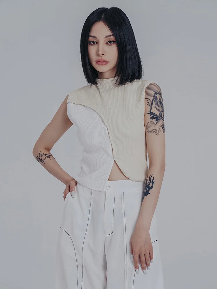 

Женская Асимметричная майка без рукавов 1DE9302, бежевая модная майка с разрезом, весна-лето 2022