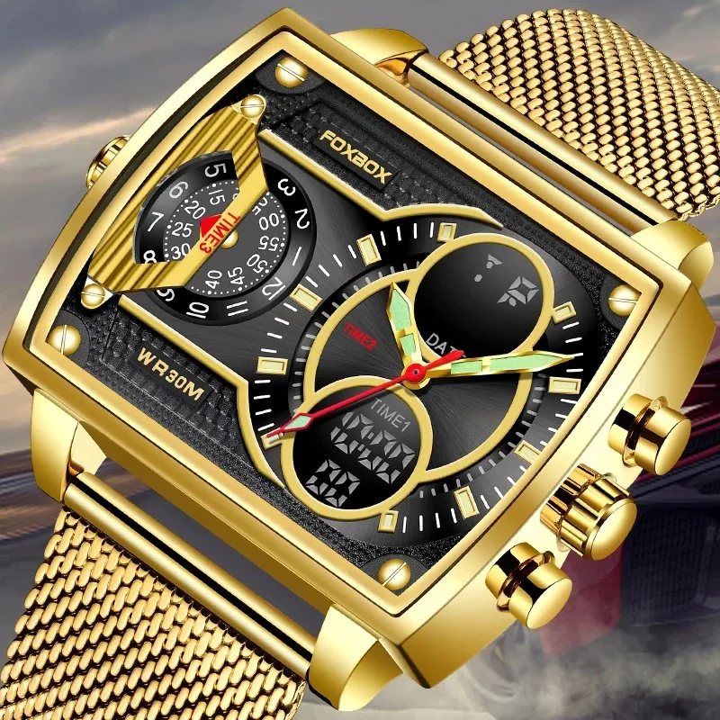 

Men's Quartz Electronic Dual-Display Watch Multi-Function Square Double Time Zone Waterproof Luminous Mesh Belt Watch