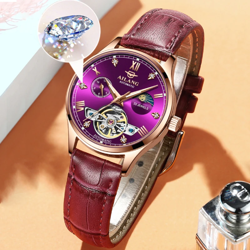 New ladies watch luxury top brand formal dress watch diamond leather strap female mechanical watch
