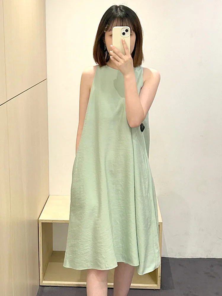 2023 Summer Women O-Neck Mid-Length Dress Solid Color Casual Loose Sleeveless Fresh Female A-Line Long Robe