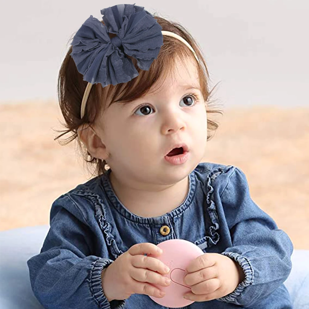 Повязка на голову детская с бантом нейлоновая мягкая кружевная лента для волос