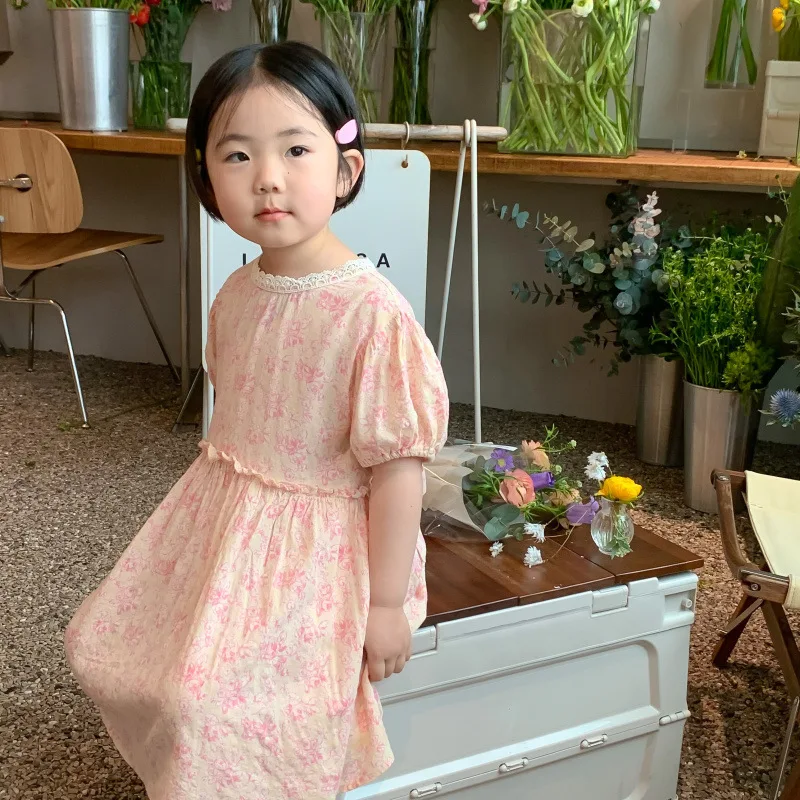 

Korean Children Clothing Girl Baby Dress Summer Girls Floral Puff Sleeves Lace Princess Dresses