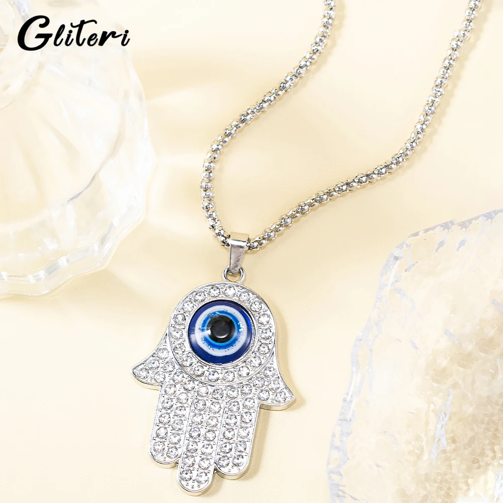 

GEITERI Vintage Palm Zircon Pendant Necklaces For Women Men Silver Color Crystal Devil's Eye Chain Choker Charm Jewelry Lucky