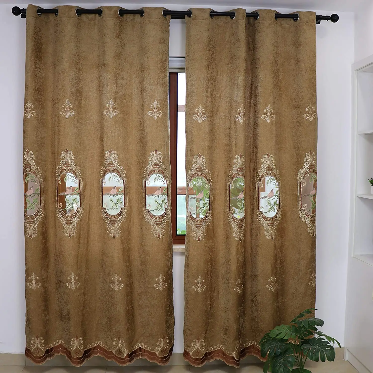 Роскошные вышитые занавески с птицами для гостиной комнаты - китайский классический шелковистый голубой коричневый оконный декор.