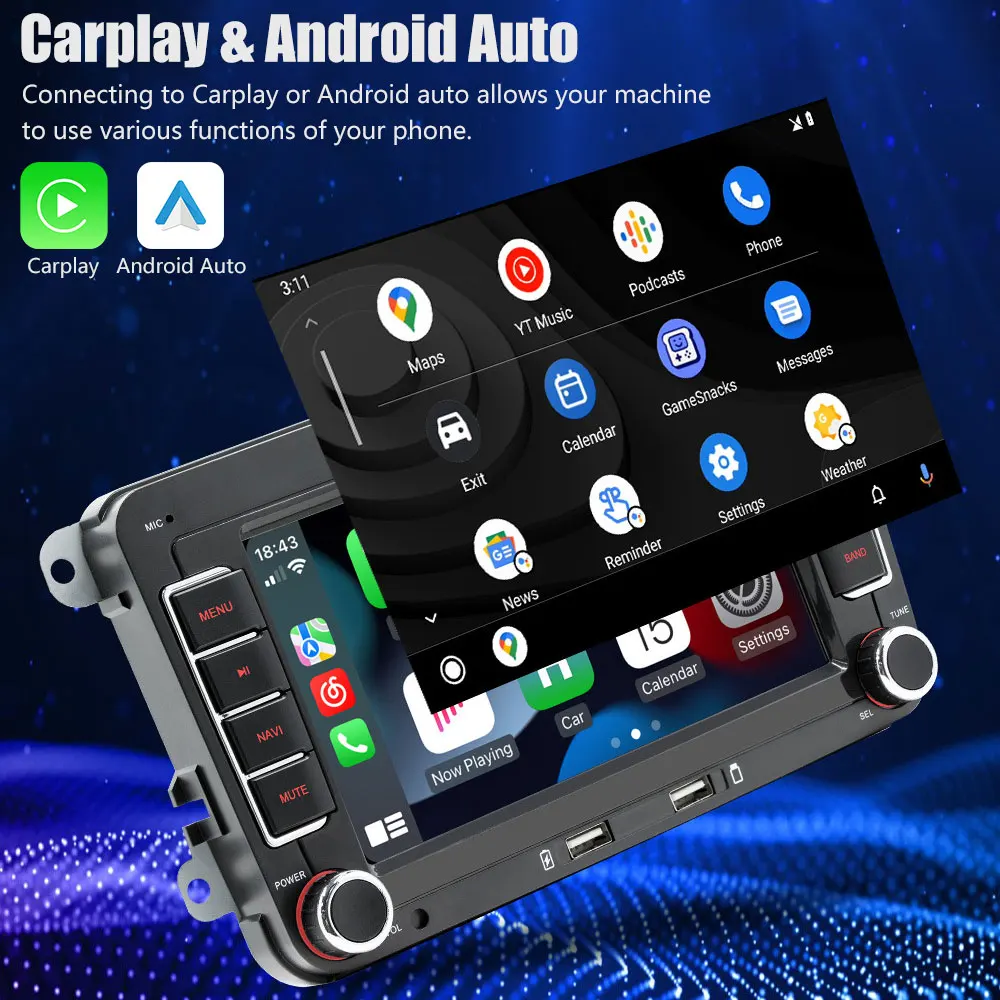 7-дюймовый сенсорный экран MP5 для телефона Android 11 Apple Carplay и автомобильная