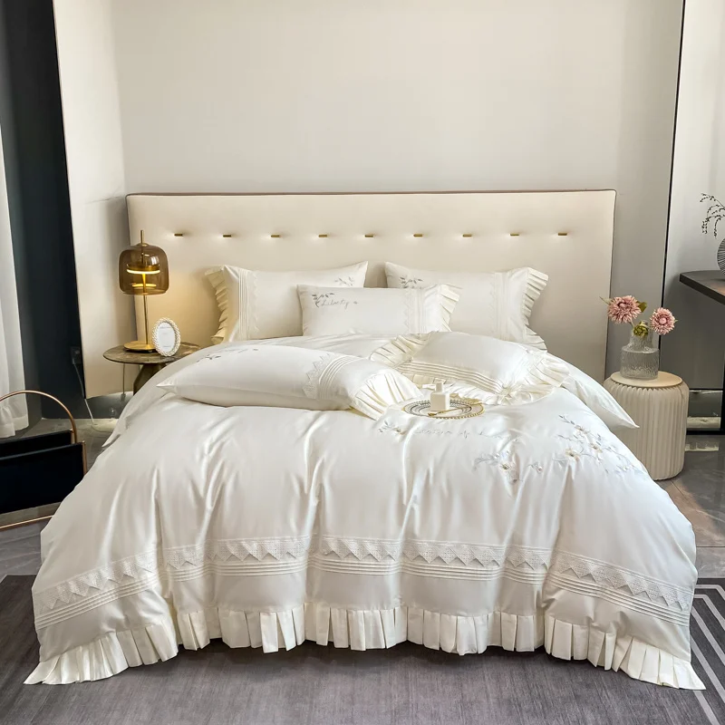 

1000TC Egyptian Cotton Flowers Embroidery Elegant Woman Bedding Pleat Edge Quilt Set Duvet Cover Bed Linen Pillow Sham