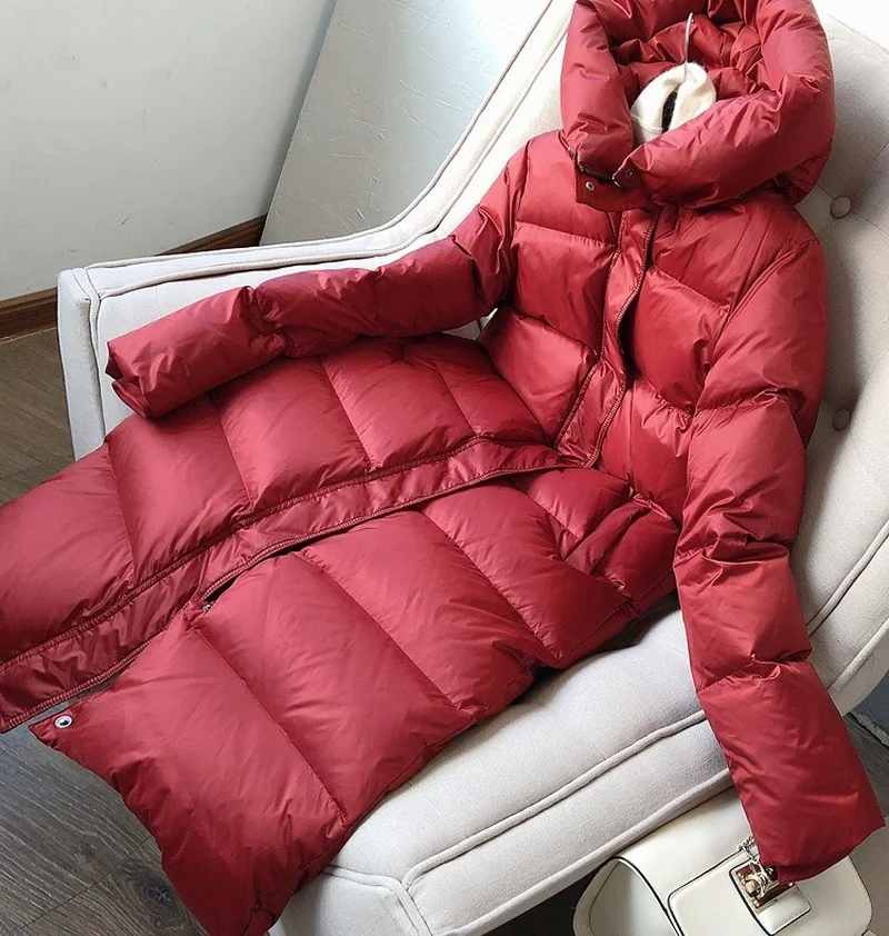 Women Coats Hooded Down Jacket with Thick Fluffy White Goose Down and Long Over-the-knee Winter Warm Jacket
