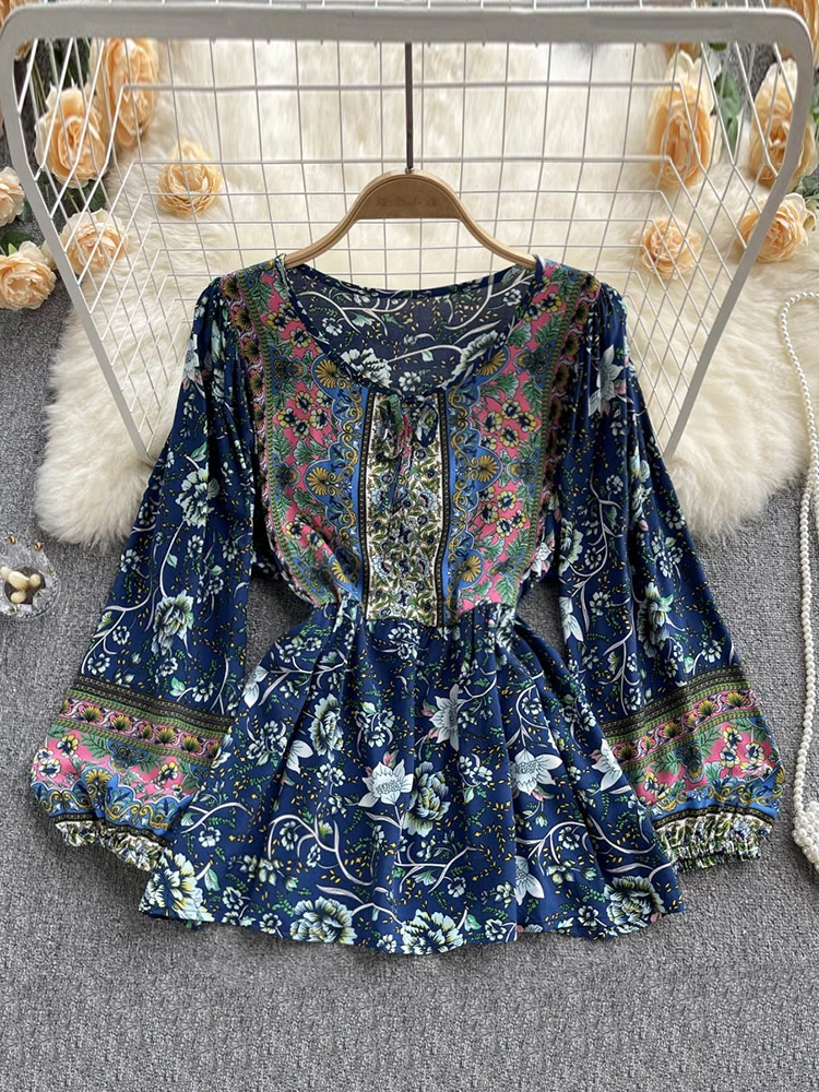 

Retro French Niche Flower Printing Bohemia Loose Blouse Long-sleeved Shirts Spring Summer New Fairy Blusa Women Tops D1099