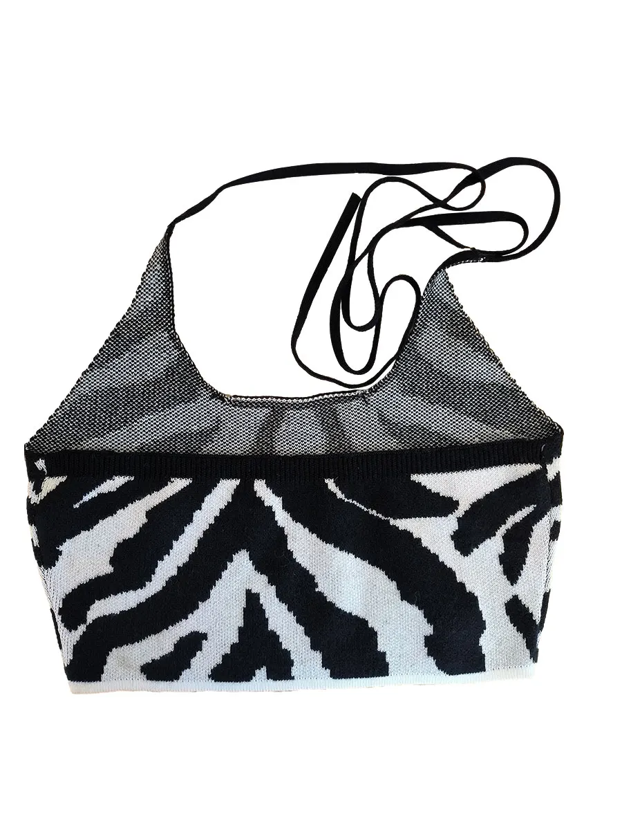 

Louatui Women Knit Vest Sleeveless Halter Top Backless Zebra Pattern Summer Cropped Tops