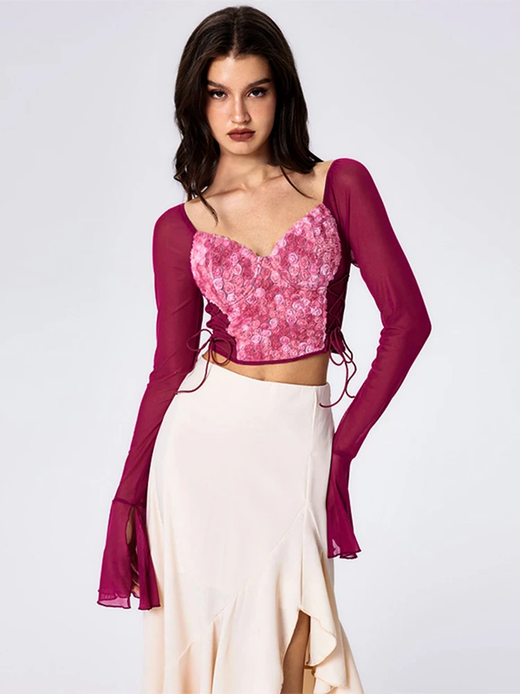 

New Model Summer Sweet Spice Girl Rose Floral Lace Drawstring Lace-up Slim Long-sleeved Top Outside Wear Shirt for Women Clothes