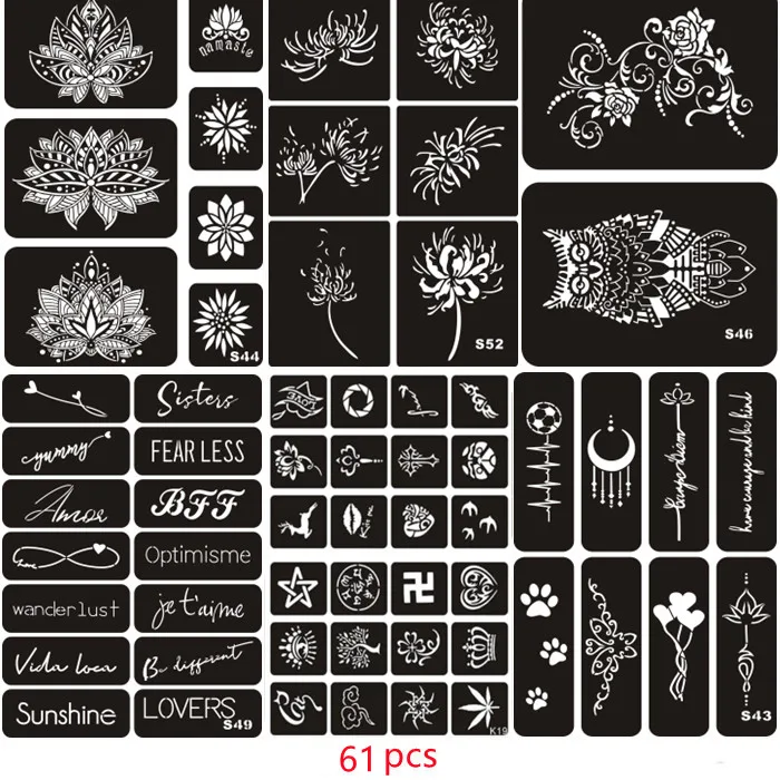 61pcs/set Henna Tattoo Stencils for Drawing Body Glitter Airbrush Stencil Printer Maquillaje Impressora Termica Tattoo Pochoir