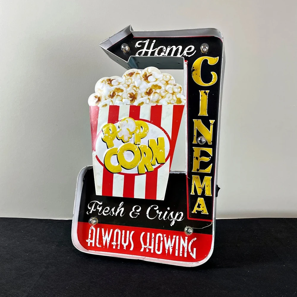 

Попкорн Винтажные ретро жестяные знаки, светящаяся металлическая вывеска ручной работы, светодиодная вывеска попкорна, для домашнего кинотеатра, гостиной, паба, настенный декор