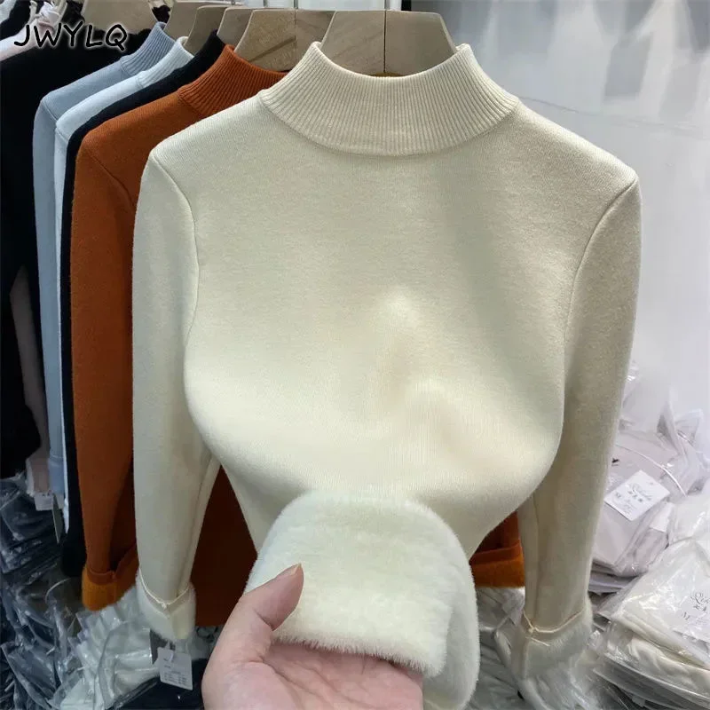 

Korean Turtleneck Slim Thicken Knitted Pullovers Woman 2024 Winter Plus Velvet Sweater Casual Fleece Lined Warm Knitwear Tops