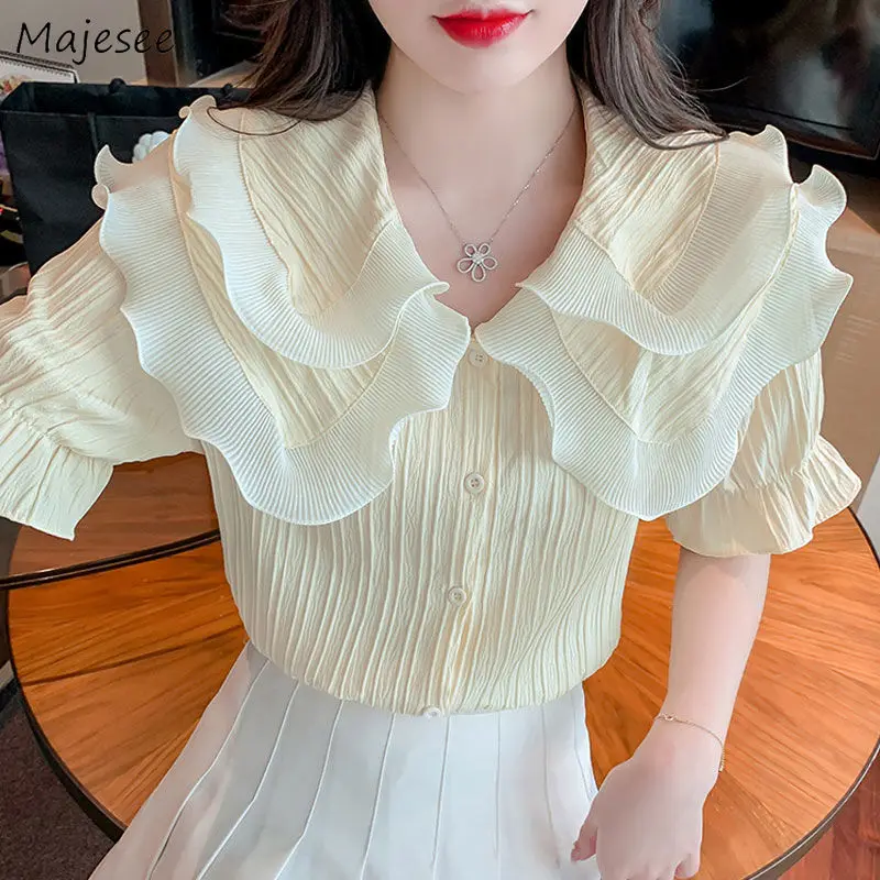 

Peter Pan Collar Shirts Women New Ruffles Summer Girlish Temperament Pure All-match Sweet Preppy Style Kawaii Ins Mujer Camisa