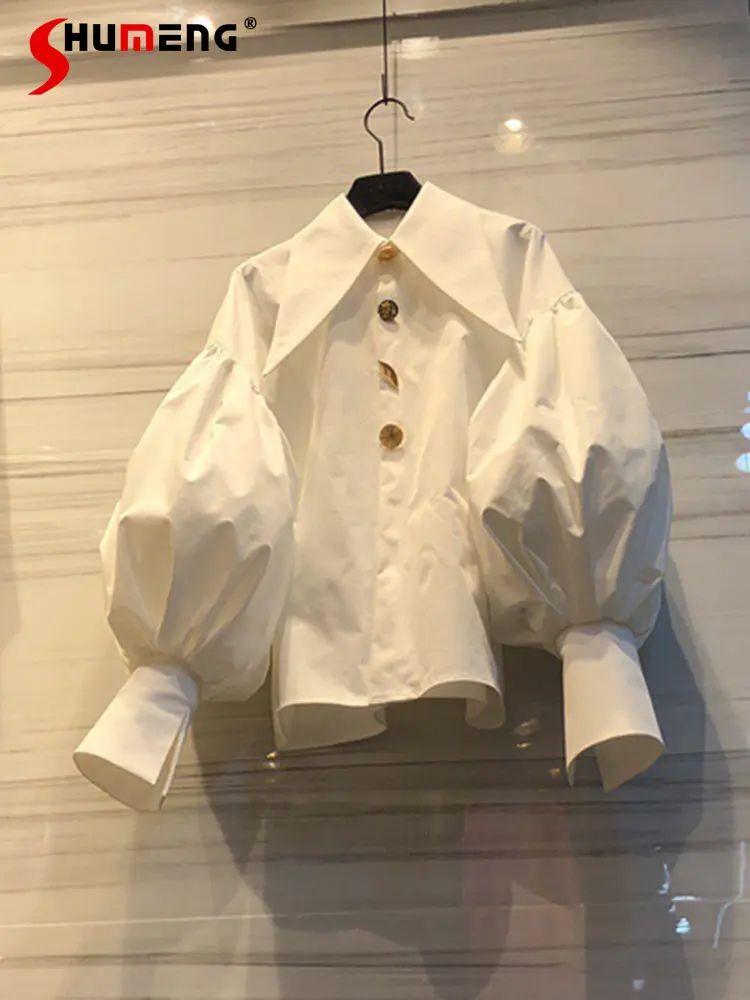 

Spring Autumn New French Style Loose Slimming Lantern Sleeves White Shirt Women's Blouse Lapel Single Breasted Solid Color Top