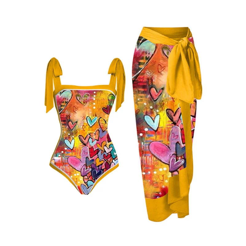 2023 New Fashion One Piece Swimsuit Swimwear with Skirt Women Retro Holiday Bowknot Monokini Beach Dress Cover Up Bathing Suit