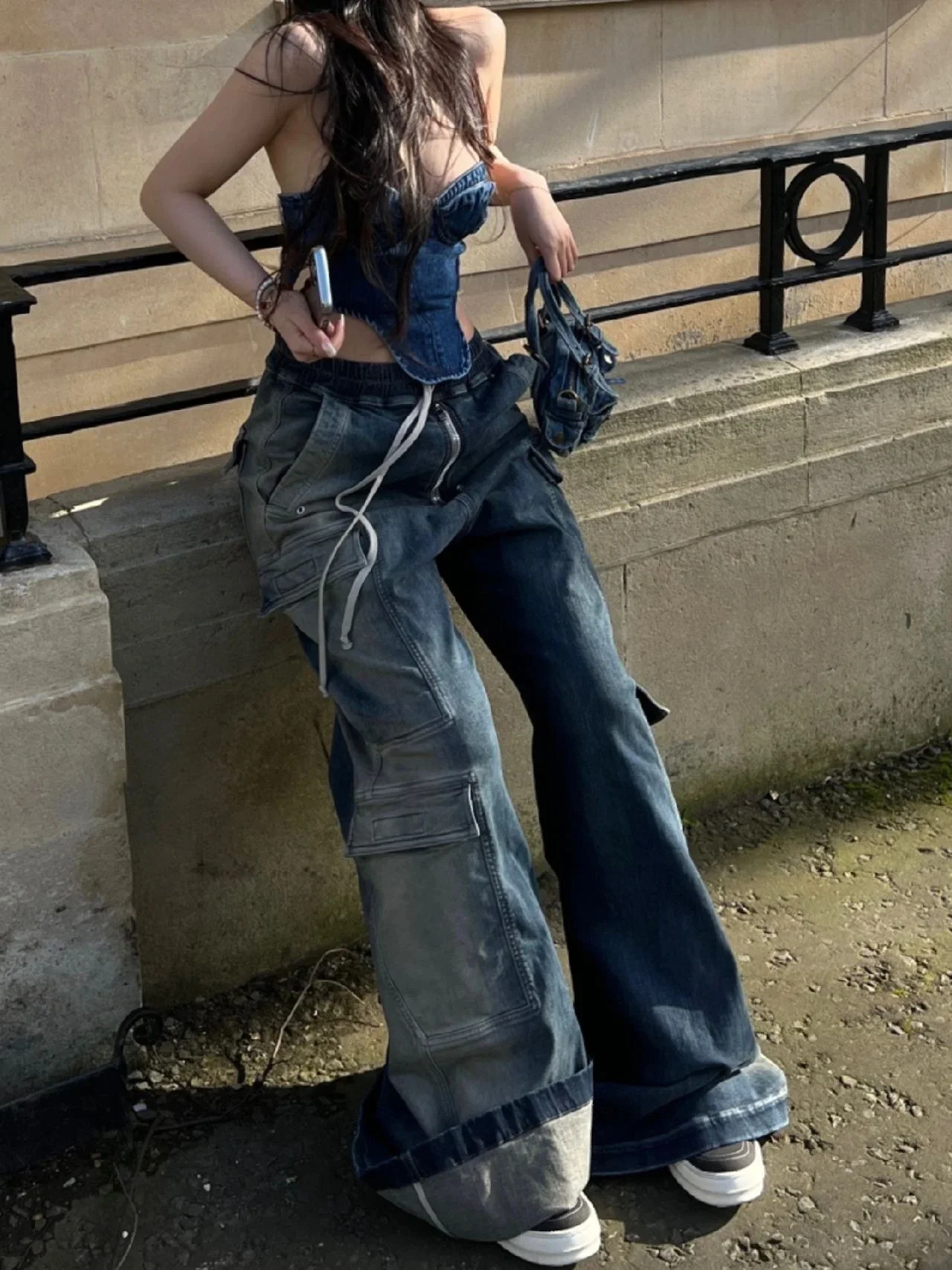 Джинсы RO Style 23SS облегающие одинаковые широкие брюки из потертого синего денима Vibe