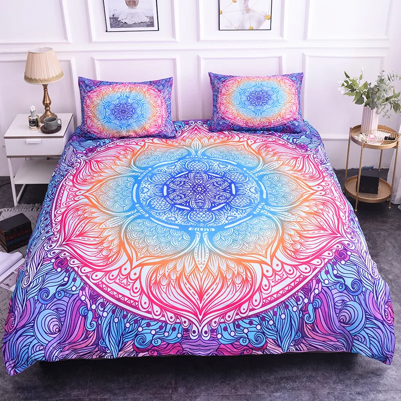 

Mandala Duvet Cover Set King Size Lotus Flower Blue Purple Pink Bedding Set Bohemian Mandala Style Soft Polyester Quilt Cover