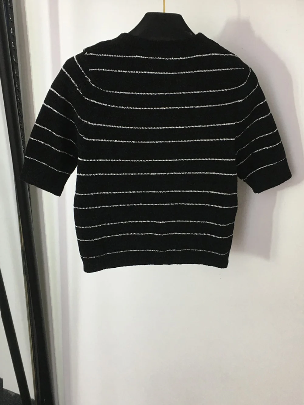 

Autumn Season Women Black Short-Sleeve Jumper Top with a Black Base and White Stripe Pattern featuring Gold Stripe Embroidery