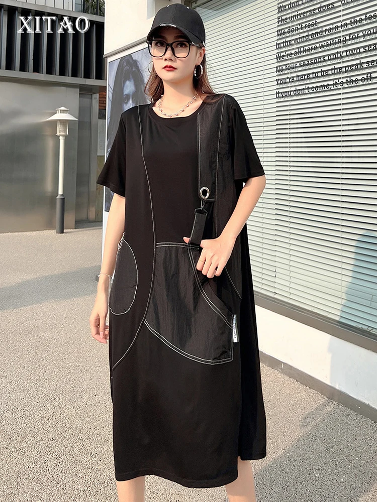 

XITAO, черное Повседневное платье-футболка, свободное, модное, необычное, комбинированное, имитация, два предмета, украшение, летнее, новое, женское платье, WLD16812