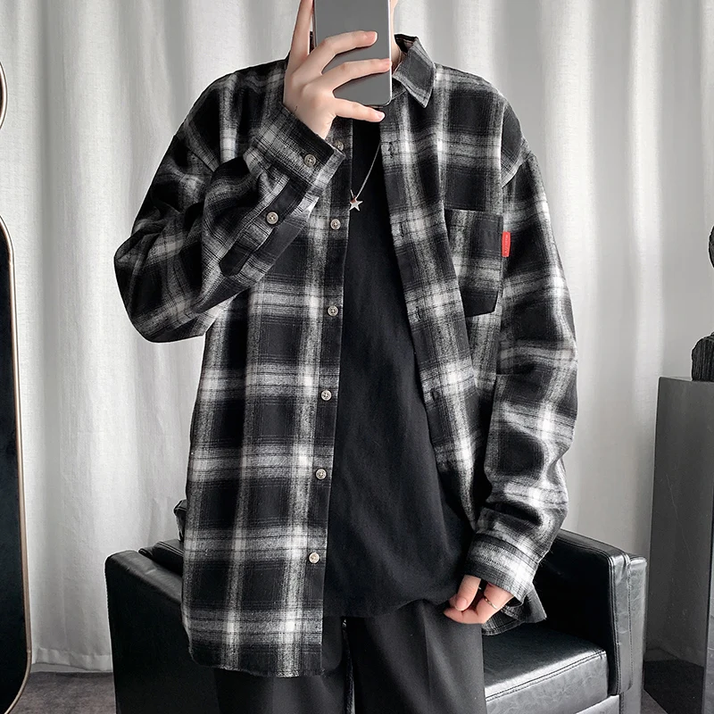 Spring New Harajuku Street Plaid Shirt Men's Hip-hop Men's And Women's Long-sleeved Plaid Shirt High-quality Cotton Shirt Top