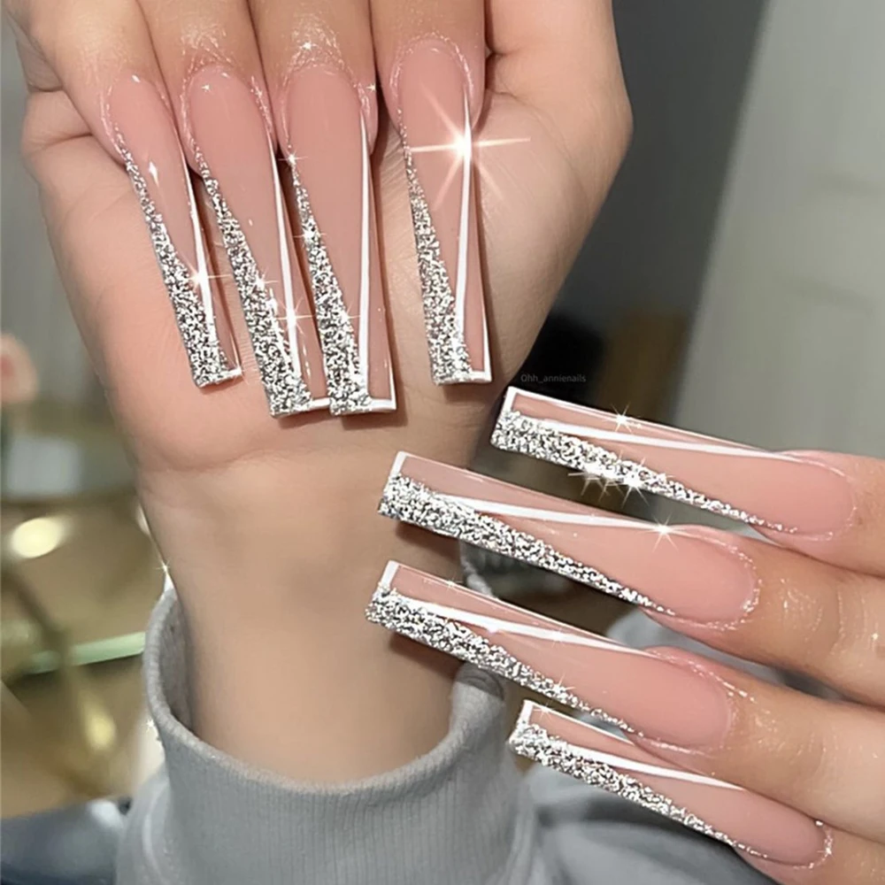 

V-образные накладные ногти 24 шт./компл. с клеем Длинные розовые серебряные дизайнерские французские накладные ногти для дизайна ногтей нажи...