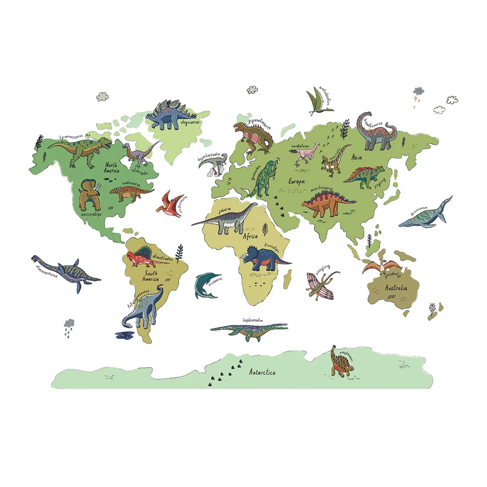 Наклейки на стену в виде карты мира с динозавром съемные водонепроницаемые