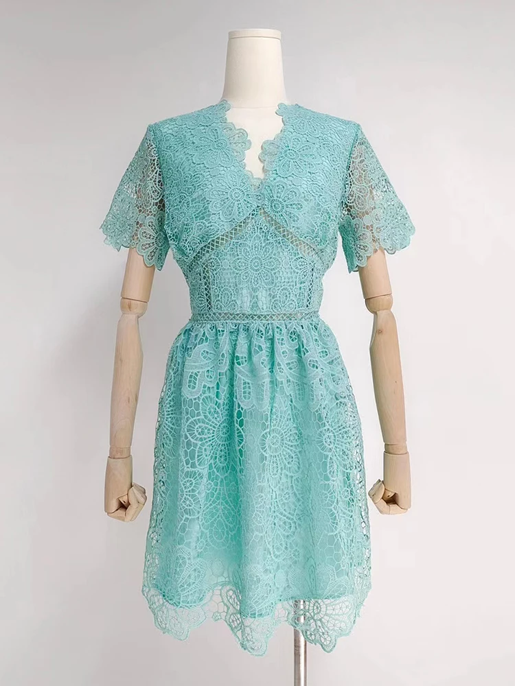 

Floral Embroidery Green Color Women Mini Dress V Neck Short Sleeve High Waist Hollow Out Elegant Dresses Clothing