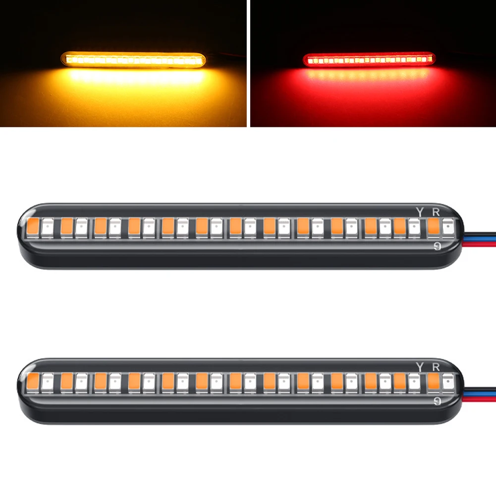 

2PCS 24LED Motorcycle Turn Signal Light Bar Flowing Water License Plate Light two-color led Rear Brake Stop Lamp Tail Indicators