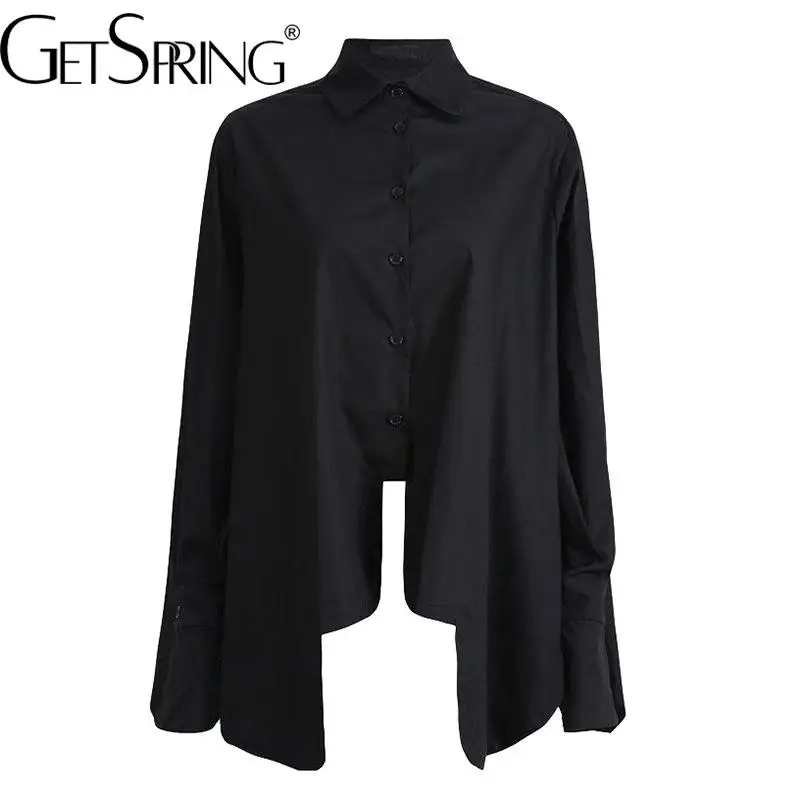 

Getspring женская рубашка Асимметричная с длинным рукавом черная белая хлопковая блузка Асимметричная Лоскутная рубашка для отдыха женская бл...